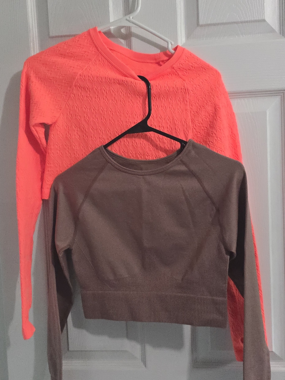 2 Long Sleeve Crop Tops in Neon Orange and Brown
